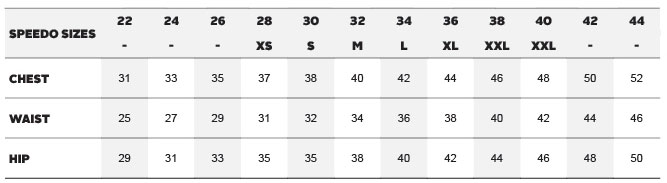 Speedo Swimsuit Size Chart